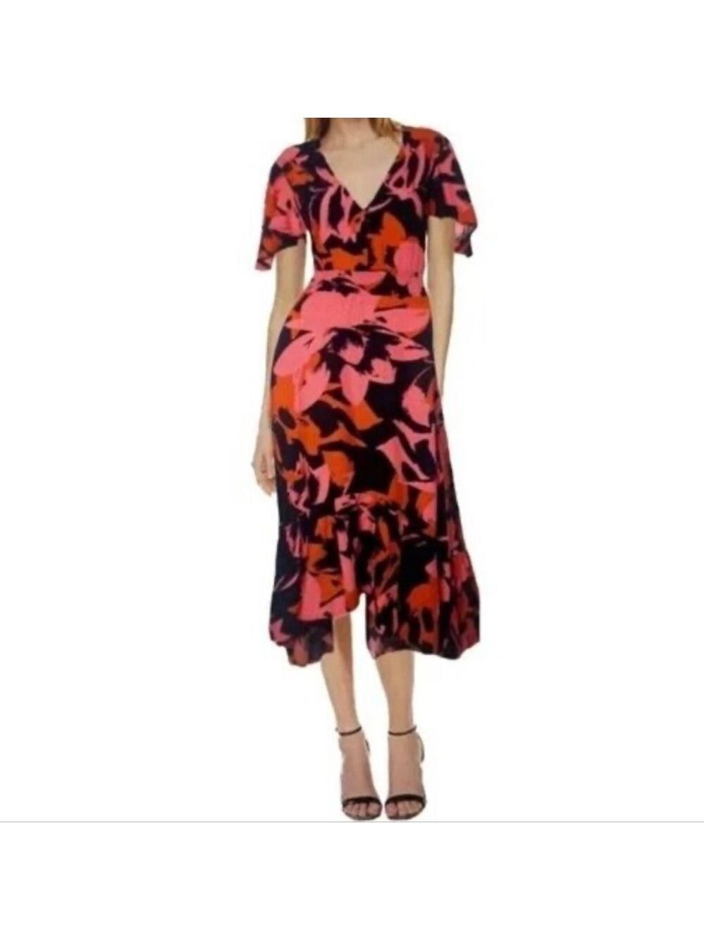 Abel the Label Floral Midi Dress Size XS Black Pink Ruffle Hem and Sleeves EUC